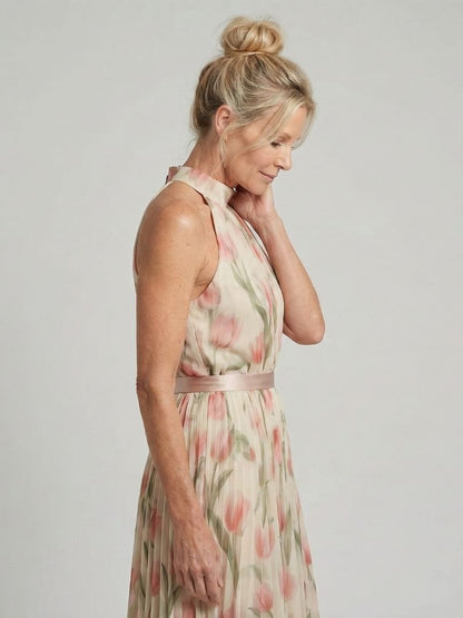 Aurelle | Midi Jurk met Bloemen en Halternek
