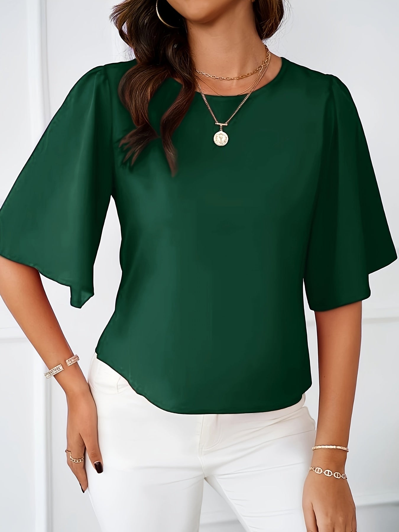 Ronde Hals Blouse - Half Mouwen & Zachte Drape Stof