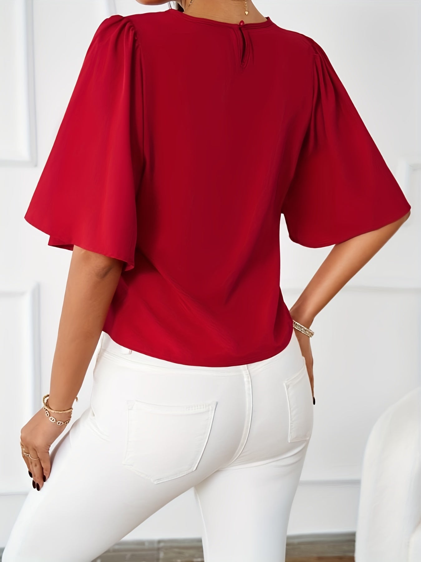 Ronde Hals Blouse - Half Mouwen & Zachte Drape Stof
