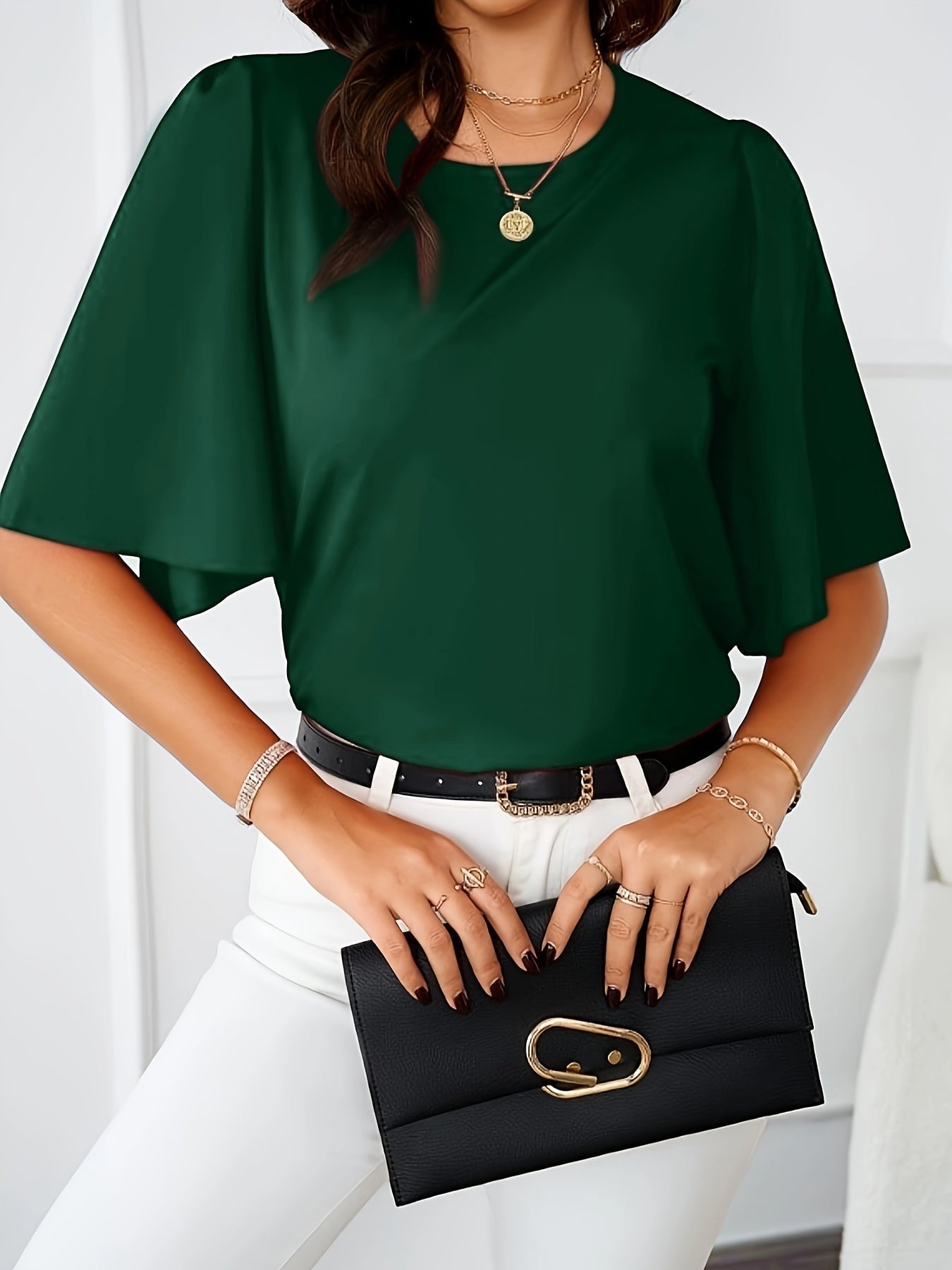 Ronde Hals Blouse - Half Mouwen & Zachte Drape Stof