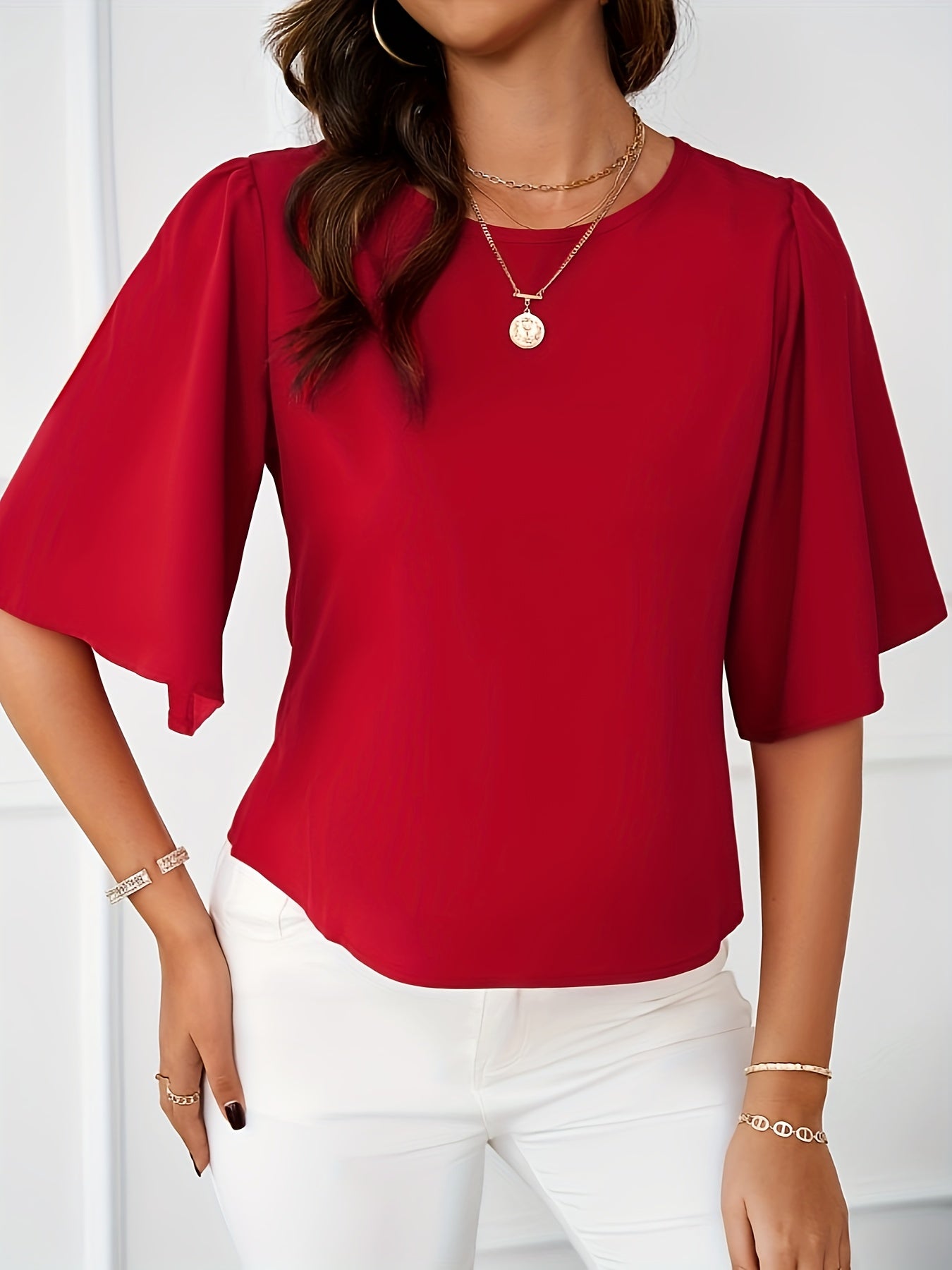 Ronde Hals Blouse - Half Mouwen & Zachte Drape Stof