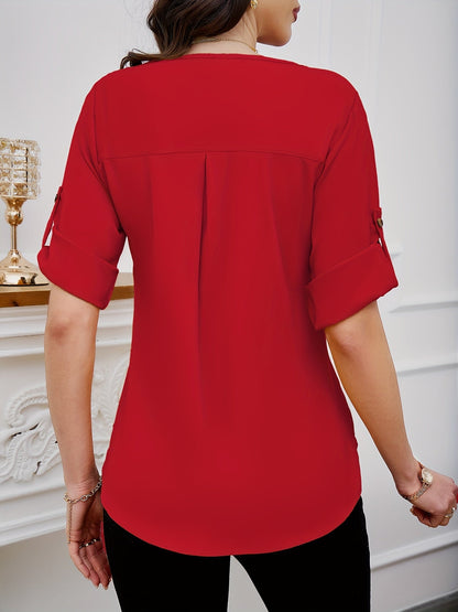 Ronde Hals Blouse - Plissé Voorkant & Korte Mouwen Ontwerp