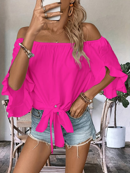 Ruffle Off-Shoulder Blouse - Knoop Hem & 3/4 Mouw Ontwerp