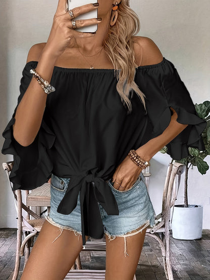 Ruffle Off-Shoulder Blouse - Knoop Hem & 3/4 Mouw Ontwerp