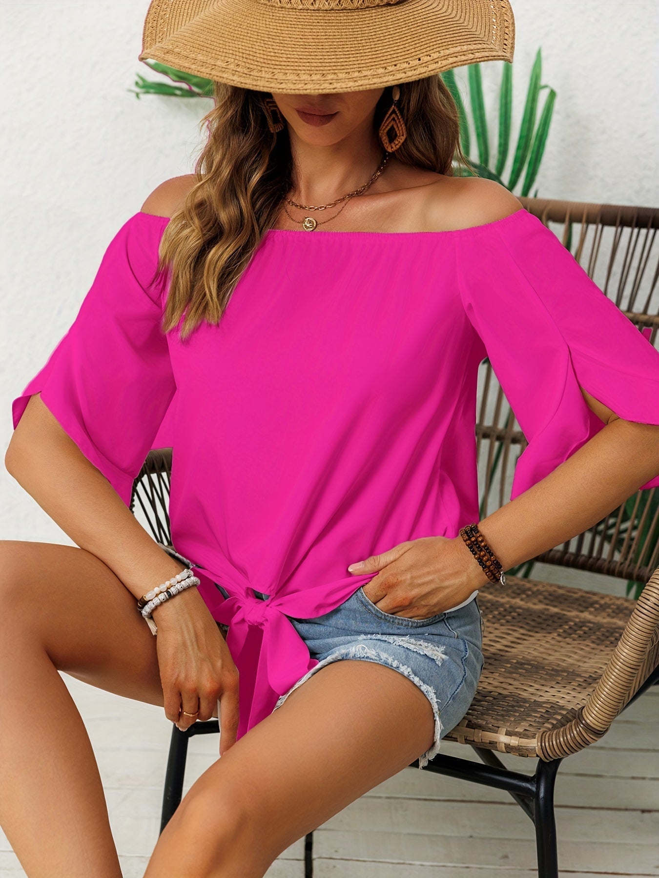 Ruffle Off-Shoulder Blouse - Knoop Hem & 3/4 Mouw Ontwerp