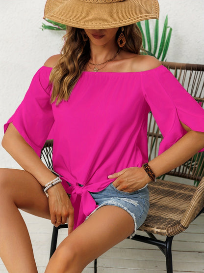 Ruffle Off-Shoulder Blouse - Knoop Hem & 3/4 Mouw Ontwerp