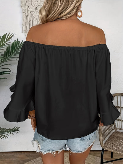 Ruffle Off-Shoulder Blouse - Knoop Hem & 3/4 Mouw Ontwerp