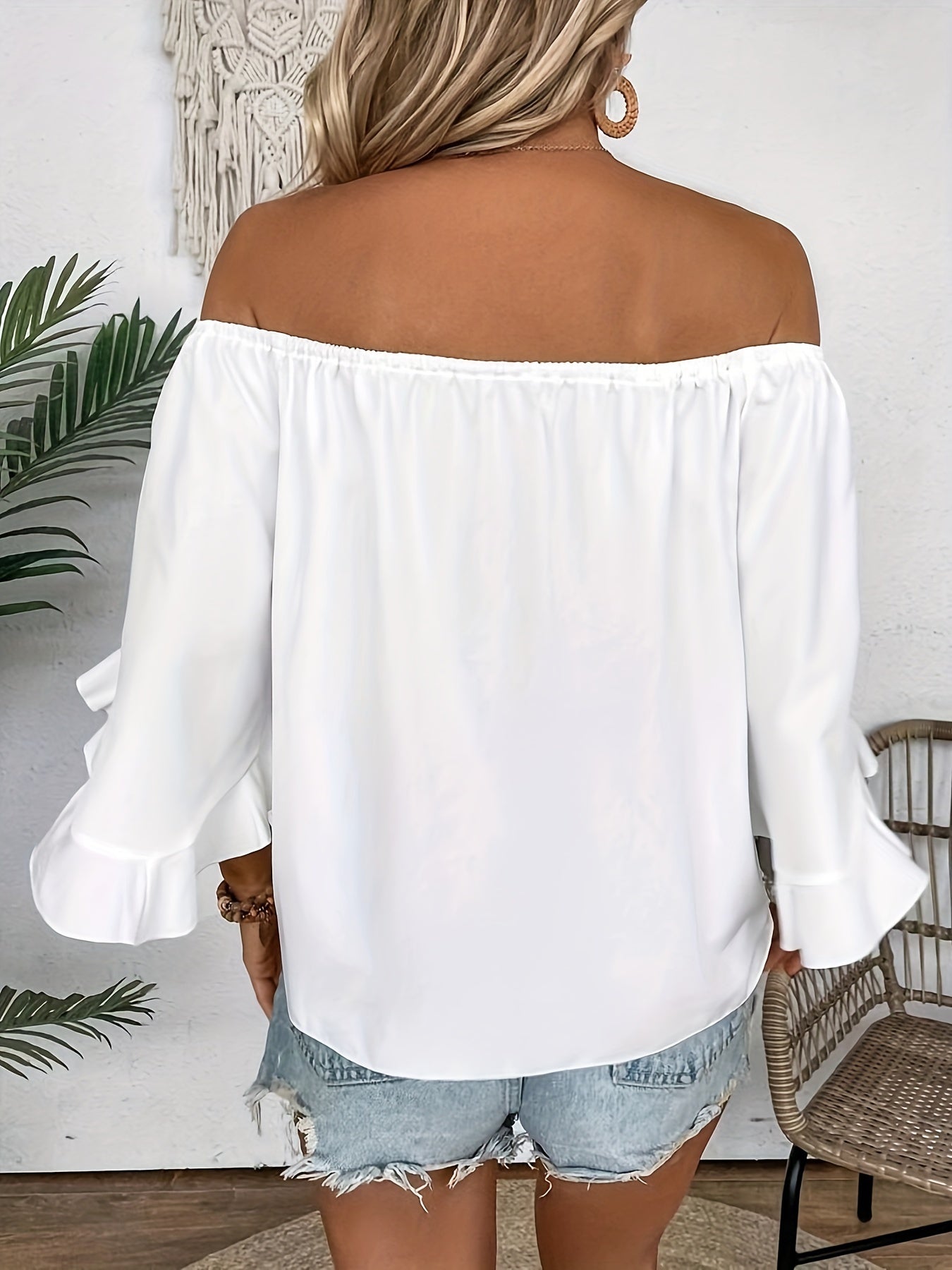 Ruffle Off-Shoulder Blouse - Knoop Hem & 3/4 Mouw Ontwerp
