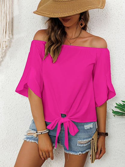 Ruffle Off-Shoulder Blouse - Knoop Hem & 3/4 Mouw Ontwerp