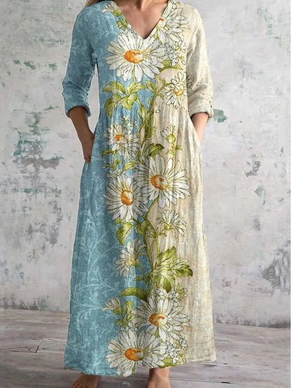 Elegante Maxi Jurk met V-Hals, Print en Lange Mouwen
