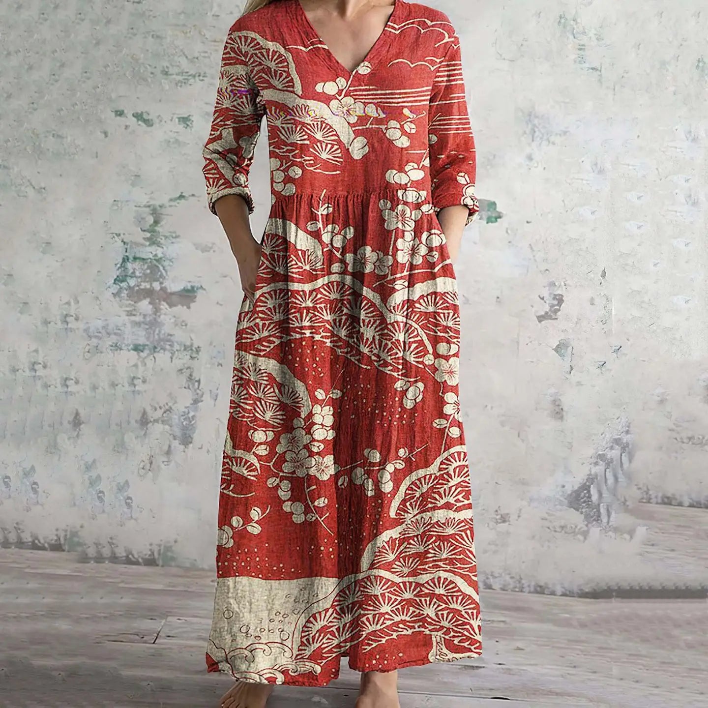 Elegante Maxi Jurk met V-Hals, Print en Lange Mouwen