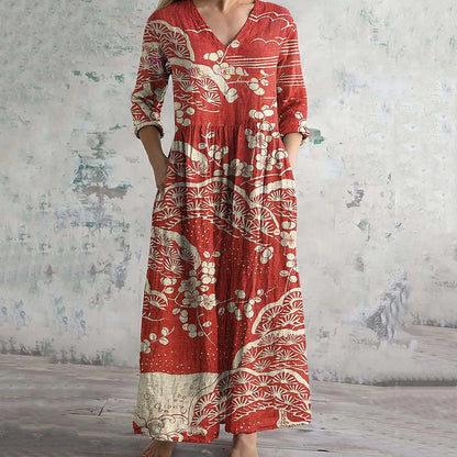 Elegante Maxi Jurk met V-Hals, Print en Lange Mouwen