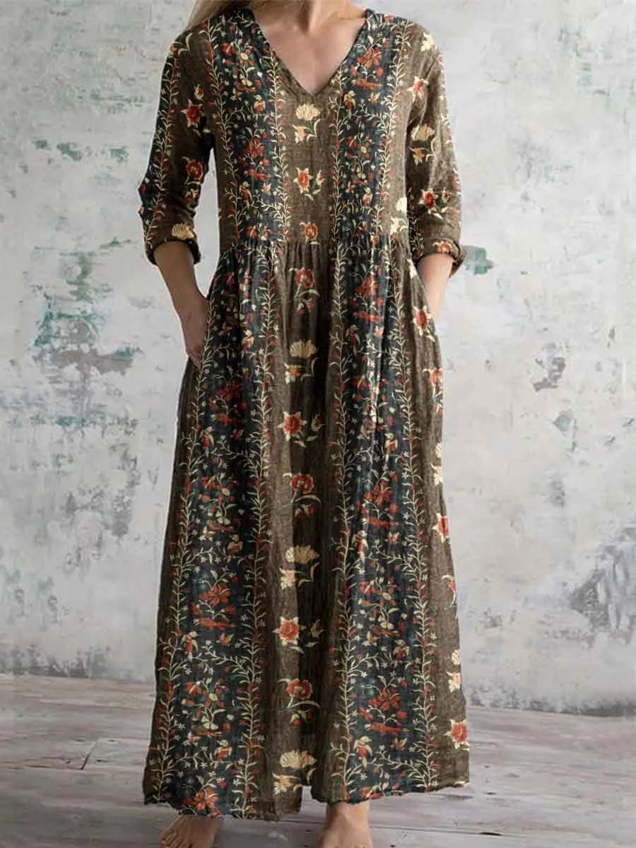 Elegante Maxi Jurk met V-Hals, Print en Lange Mouwen