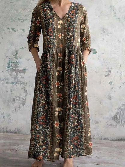 Elegante Maxi Jurk met V-Hals, Print en Lange Mouwen