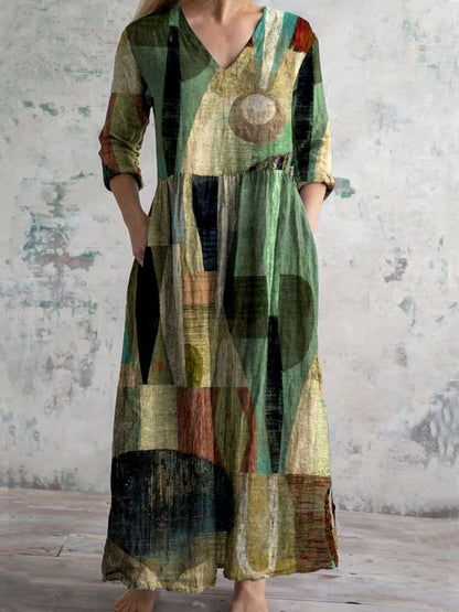 Elegante Maxi Jurk met V-Hals, Print en Lange Mouwen