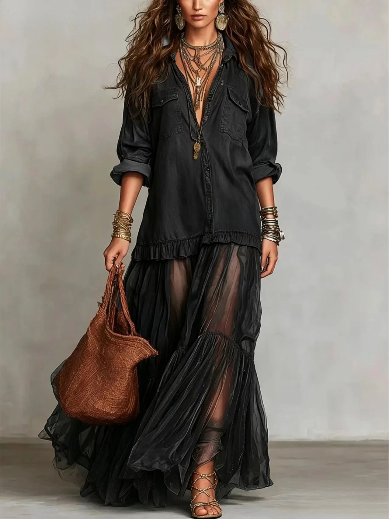 Elegante Denim Maxi-Jurk met Organza Zoom en Tailleceintuur
