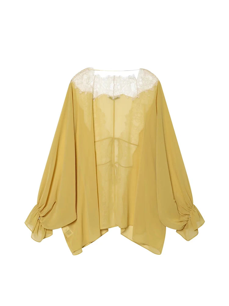 Elegante Kanten Blouse met Strikdetail en Transparante Mouwen