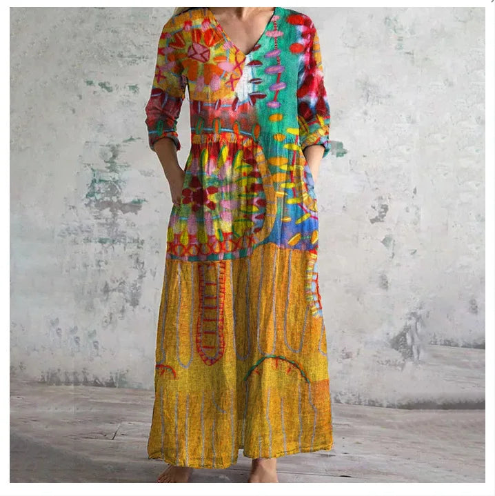 Elegante Maxi Jurk met V-Hals, Print en Lange Mouwen