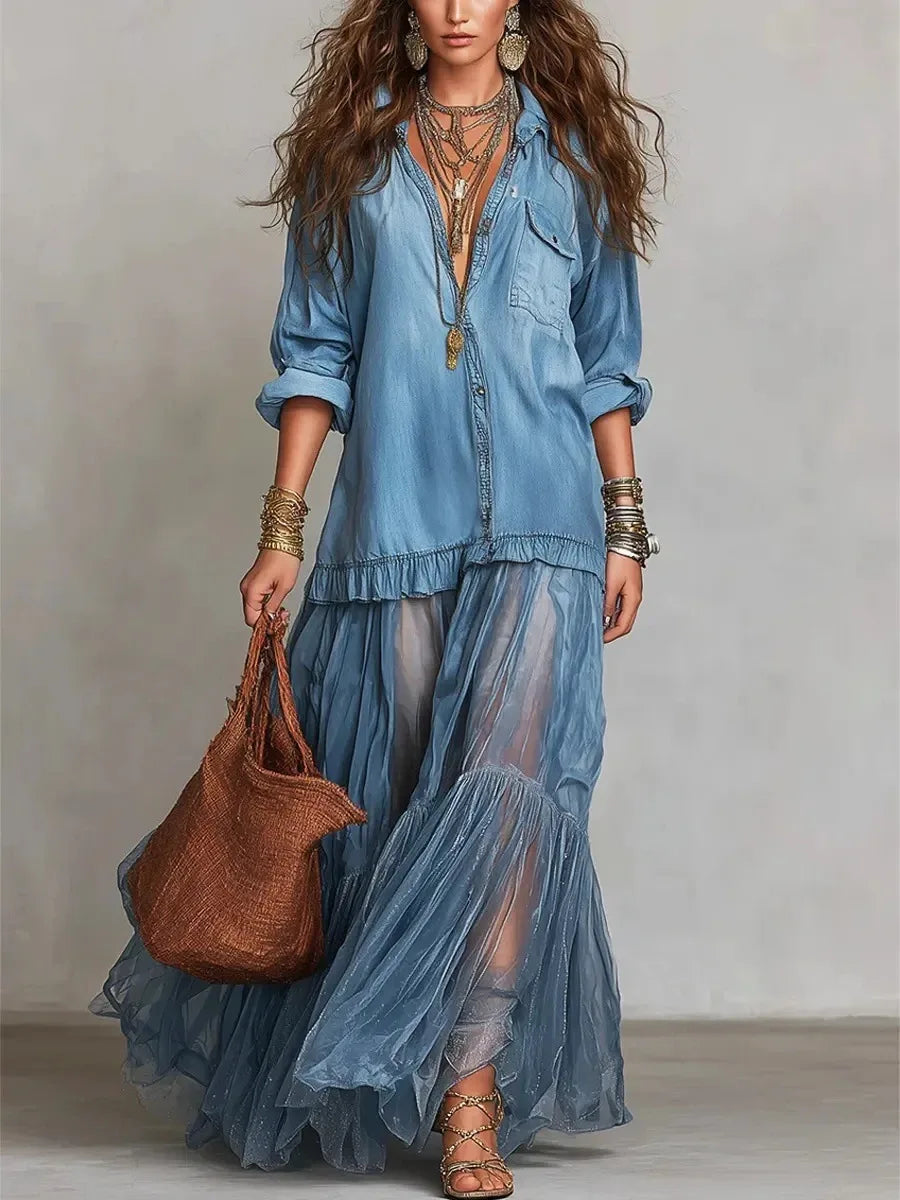 Elegante Denim Maxi-Jurk met Organza Zoom en Tailleceintuur