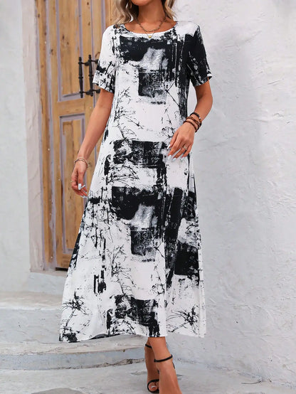 Noëlle | Zwart-Witte Maxi Jurk met Abstracte Print