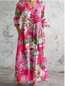 Elegante Maxi Jurk met V-Hals, Print en Lange Mouwen