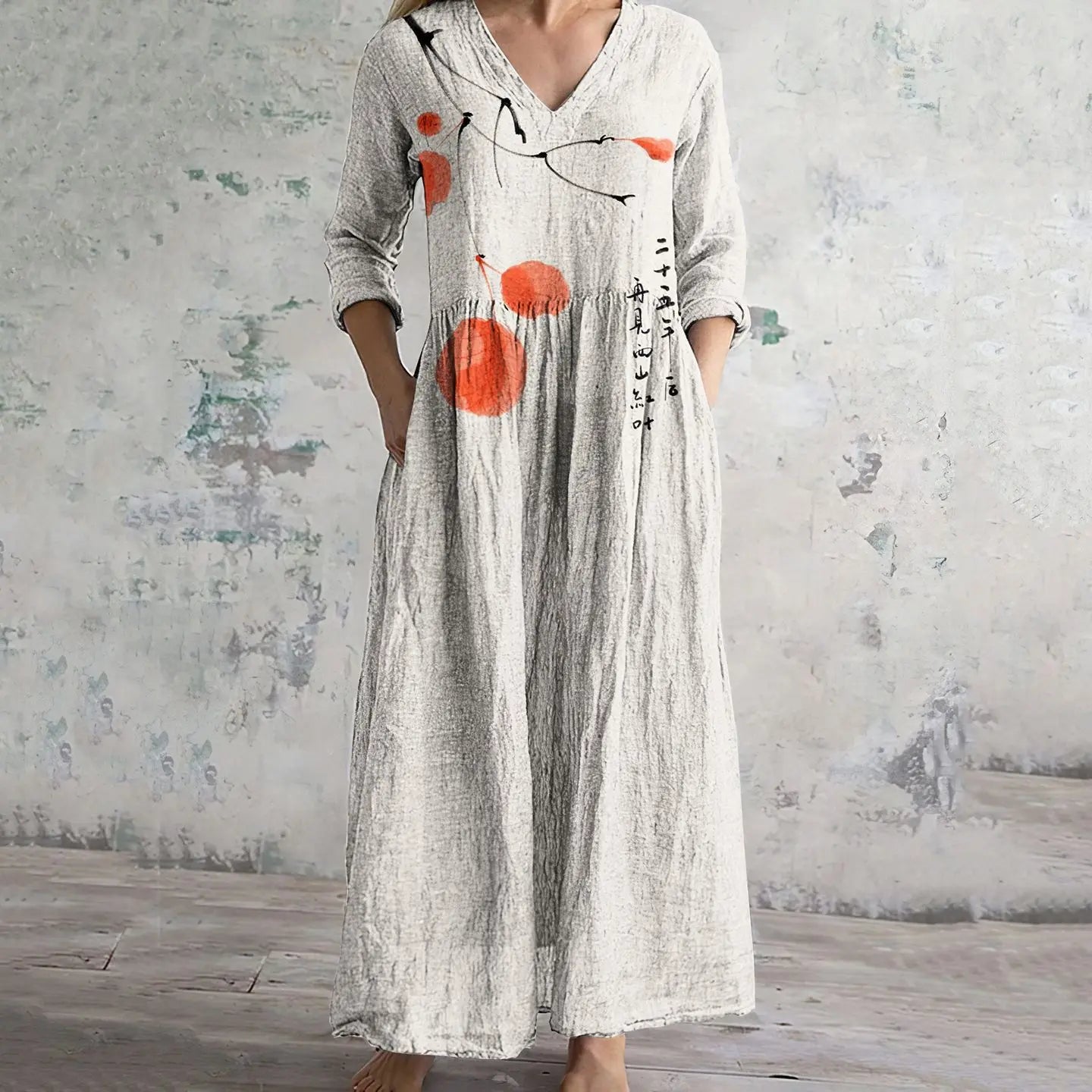 Elegante Maxi Jurk met V-Hals, Print en Lange Mouwen