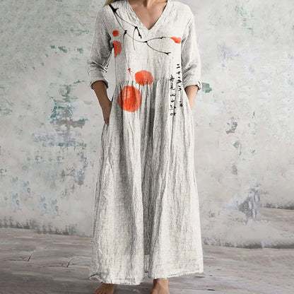 Elegante Maxi Jurk met V-Hals, Print en Lange Mouwen
