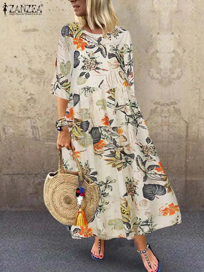 Bohemian Zomerjurk met Bloemenprint en Korte Mouwen