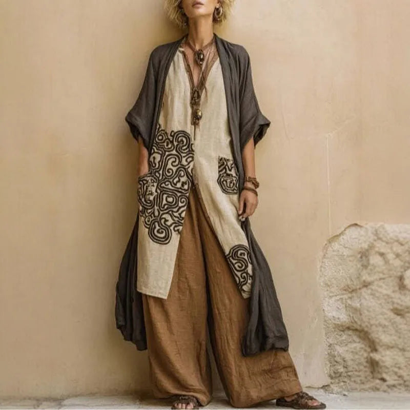 Elara™ Boho 3-Delige Dames Set met Kimono en Wijde Broek