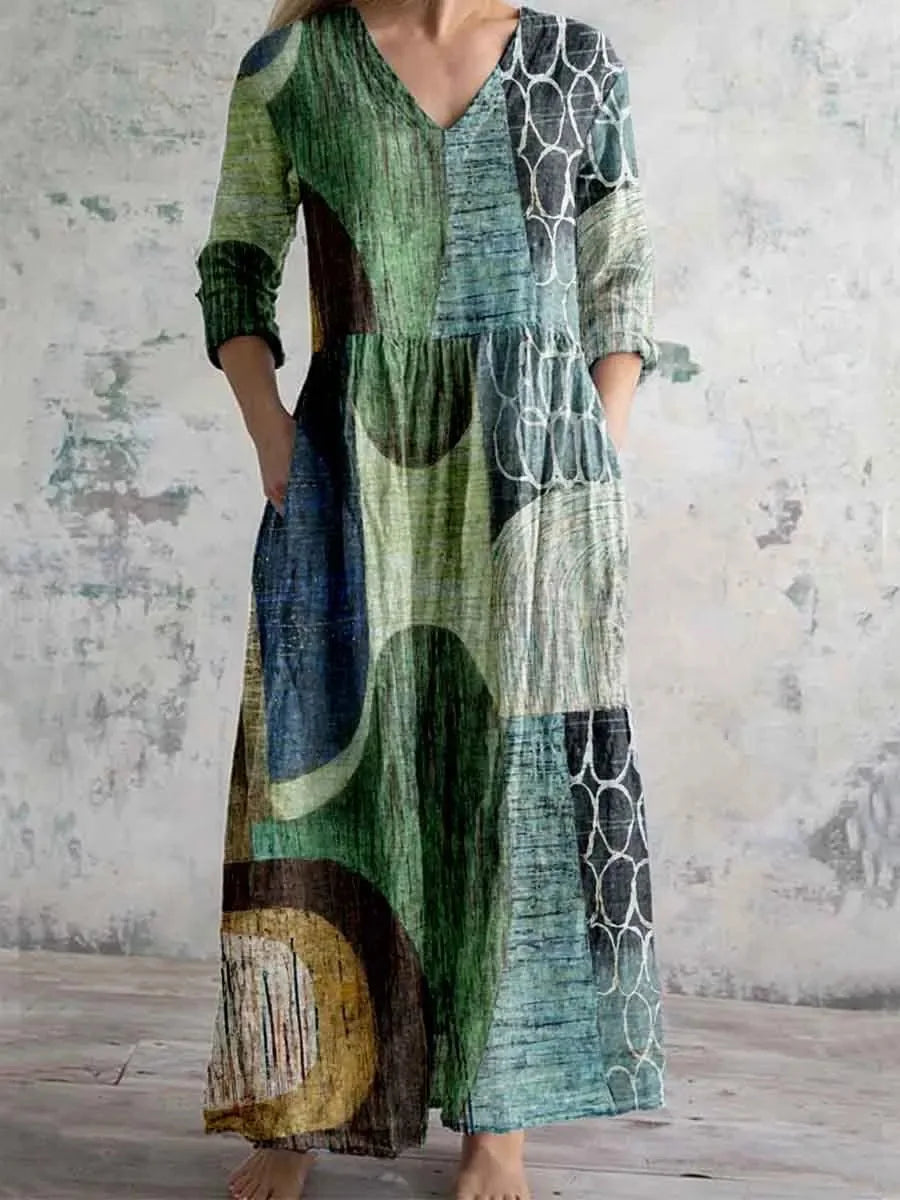 Elegante Maxi Jurk met V-Hals, Print en Lange Mouwen
