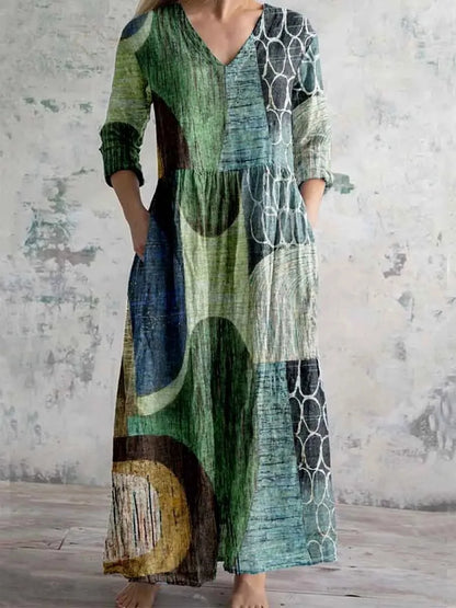 Elegante Maxi Jurk met V-Hals, Print en Lange Mouwen