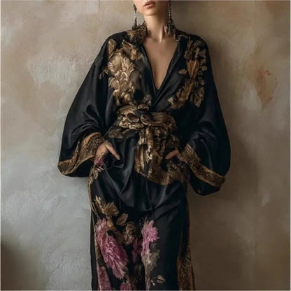 Elise™ | Elegante Tweedelige Set met Vintage Print en Wijde Broek