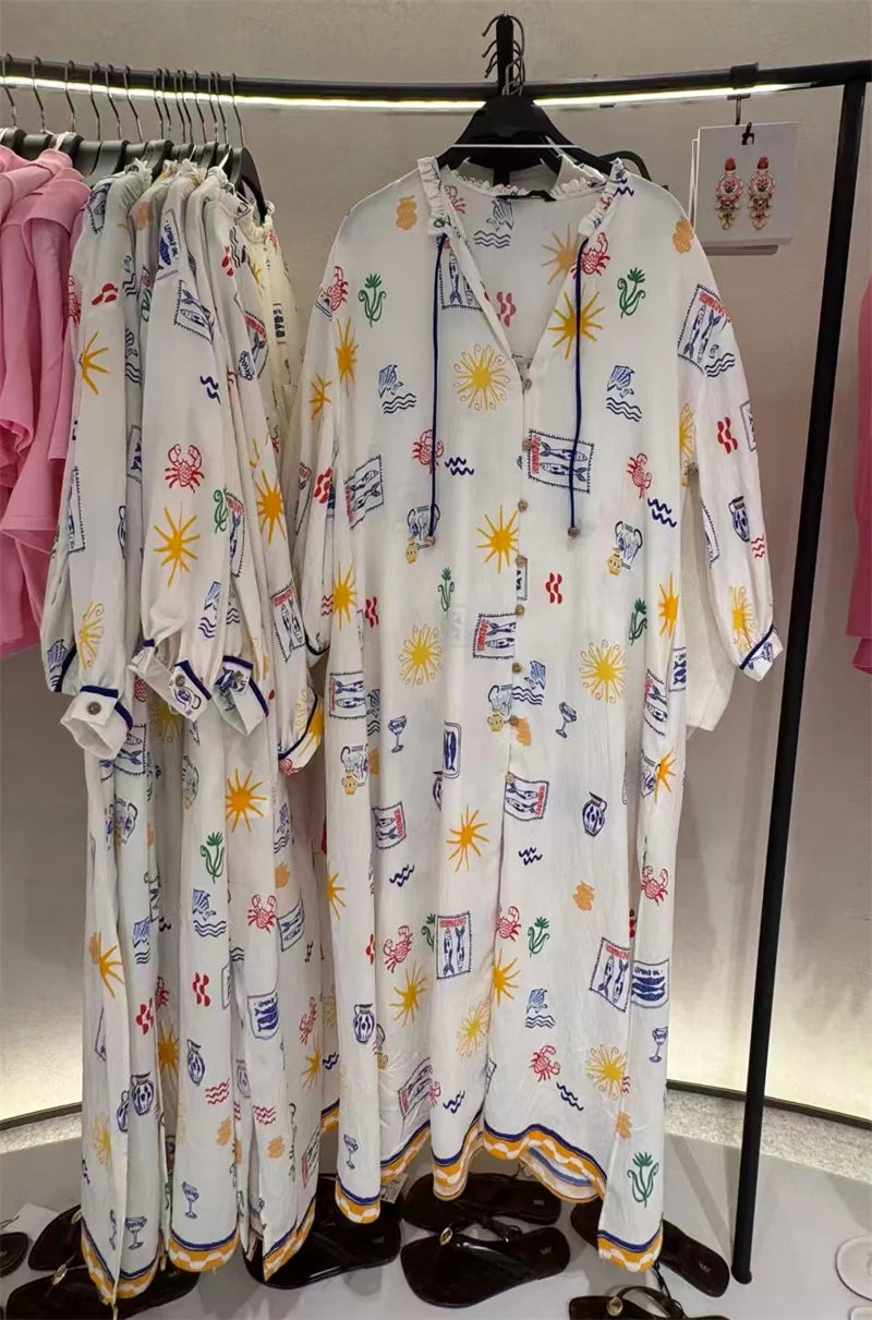Elise | Lange Zomerjurk met Print en Mouwen