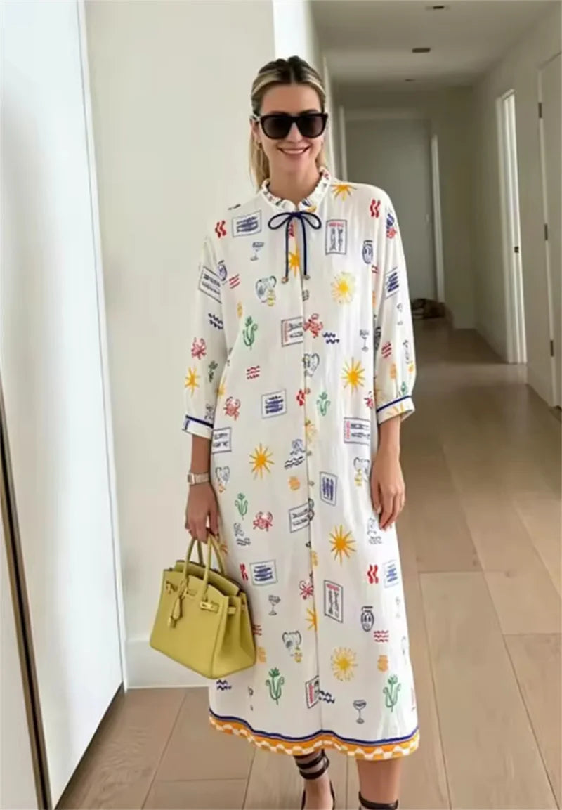 Elise | Lange Zomerjurk met Print en Mouwen