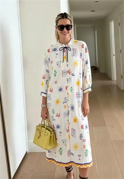 Elise | Lange Zomerjurk met Print en Mouwen