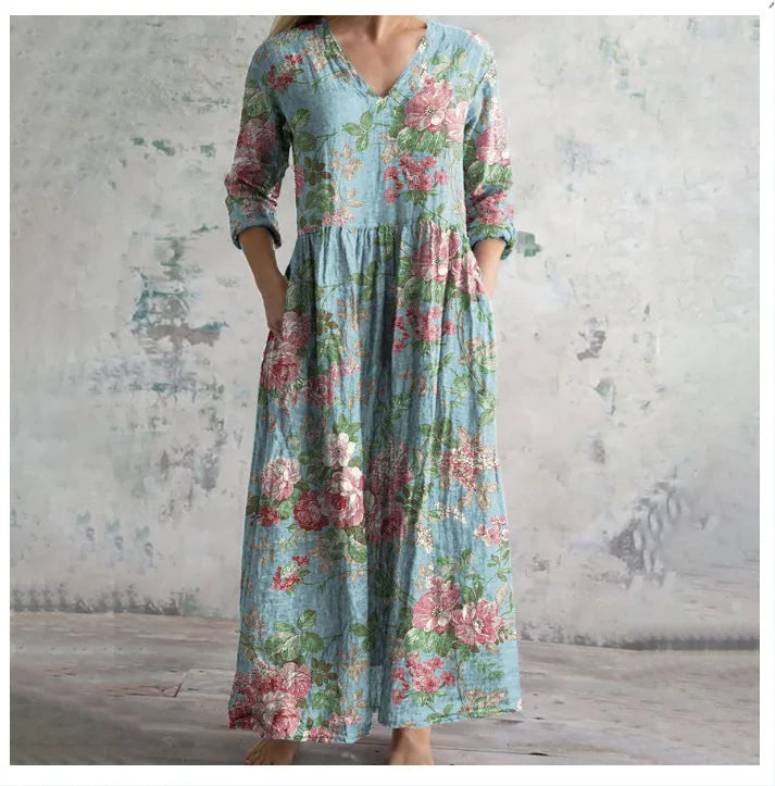 Elegante Maxi Jurk met V-Hals, Print en Lange Mouwen