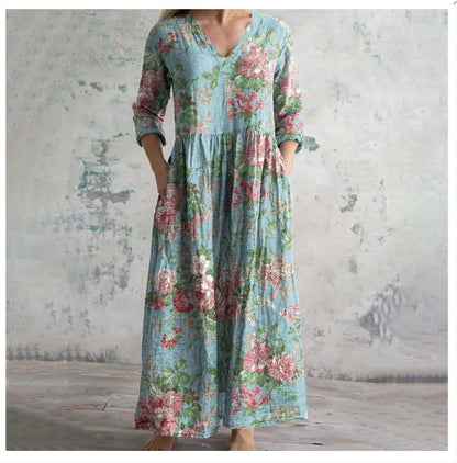 Elegante Maxi Jurk met V-Hals, Print en Lange Mouwen