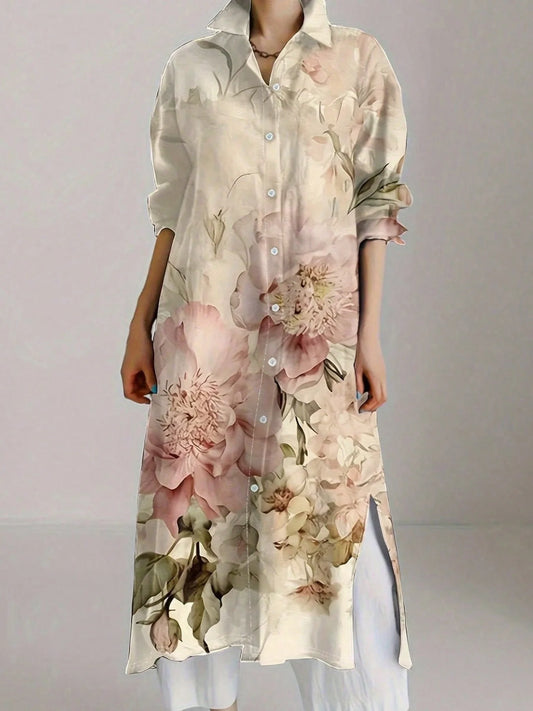 Elegante Plus Size Jurk met Bloemenprint en Lange Mouwen
