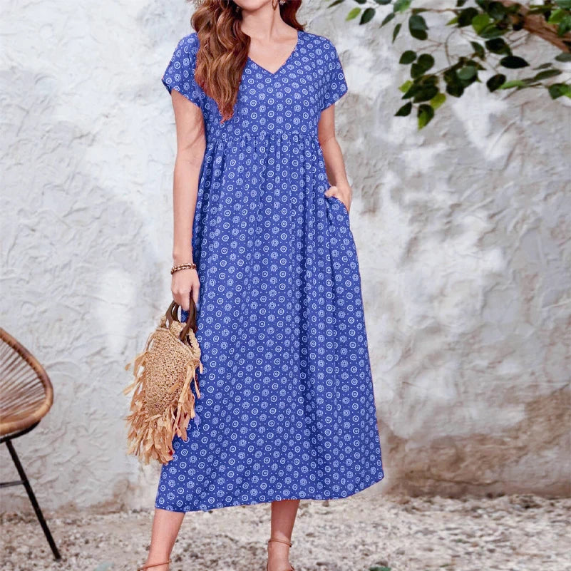 Nora | Bohemian Maxi Jurk met V-hals en Zakken