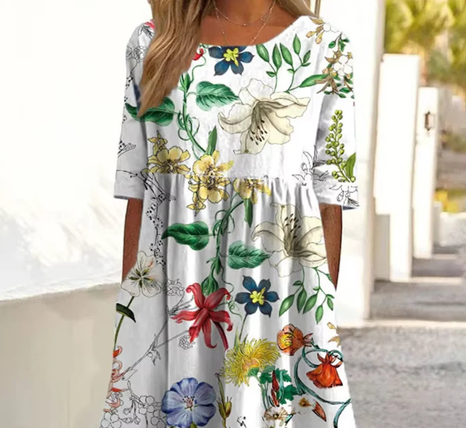 Luchtige Zomerjurk met Print, Korte Mouwen en Zakken