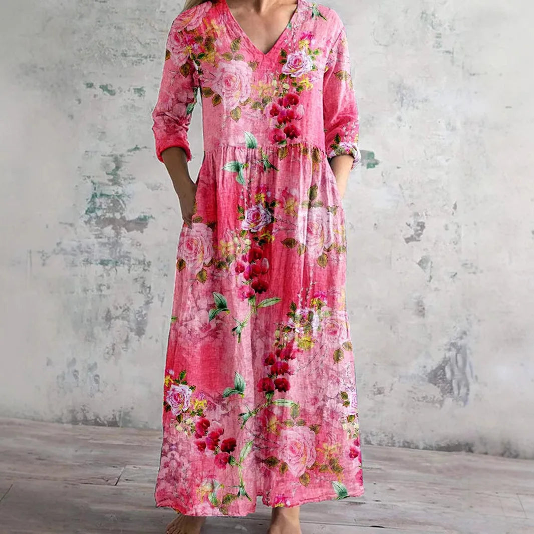 Elegante Maxi Jurk met V-Hals, Print en Lange Mouwen