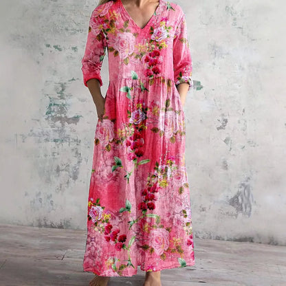 Elegante Maxi Jurk met V-Hals, Print en Lange Mouwen