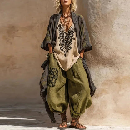 Elara™ Boho 3-Delige Dames Set met Kimono en Wijde Broek