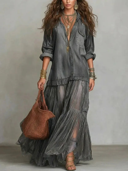 Elegante Denim Maxi-Jurk met Organza Zoom en Tailleceintuur
