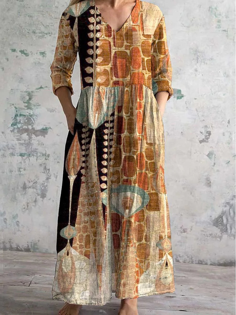 Elegante Maxi Jurk met V-Hals, Print en Lange Mouwen