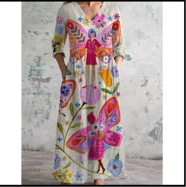 Elegante Maxi Jurk met V-Hals, Print en Lange Mouwen