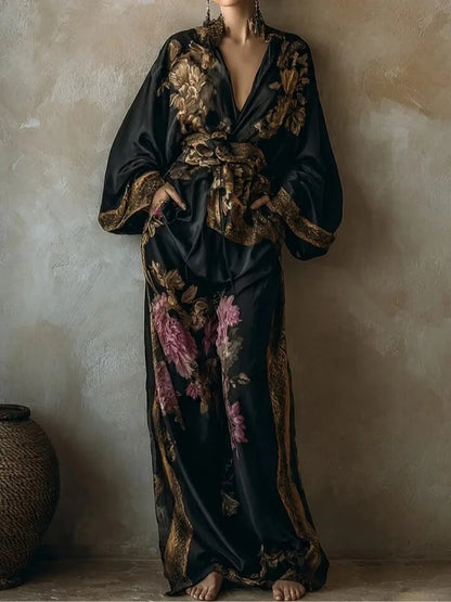Elise™ | Elegante Tweedelige Set met Vintage Print en Wijde Broek