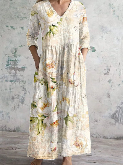 Elegante Maxi Jurk met V-Hals, Print en Lange Mouwen