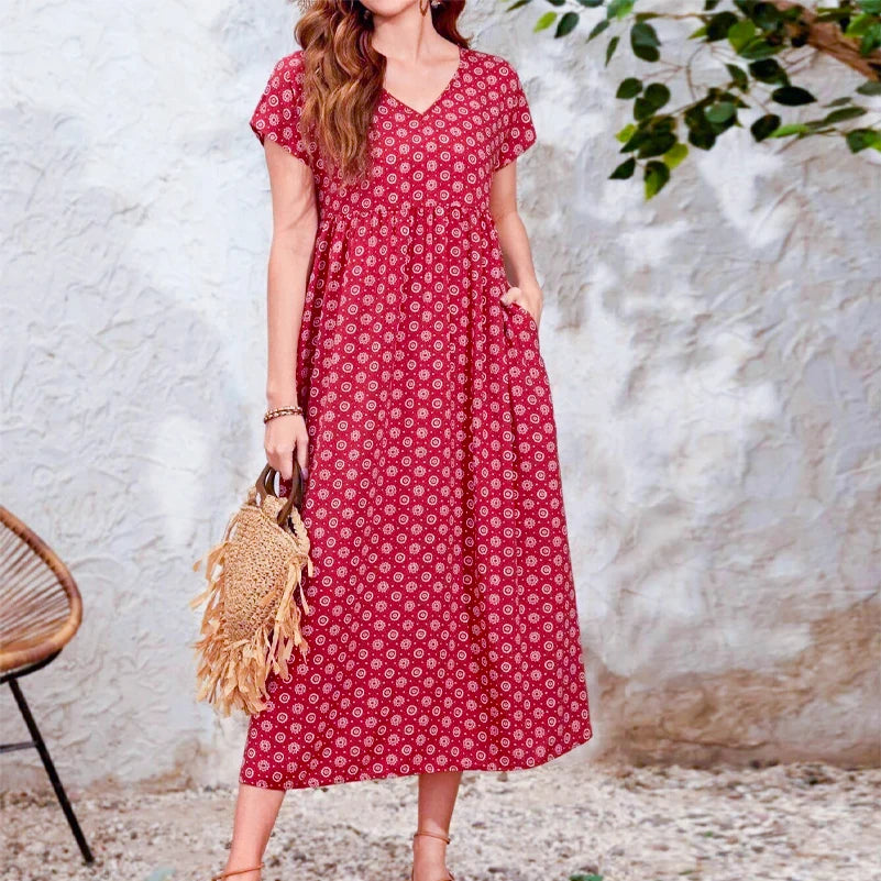 Nora | Bohemian Maxi Jurk met V-hals en Zakken
