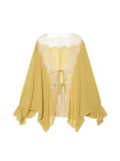 Elegante Kanten Blouse met Strikdetail en Transparante Mouwen